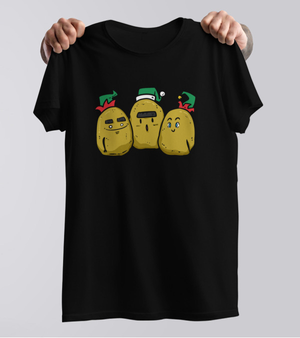 Potato Elves Festive Cartoon Trio With Elf Hats T-Shirt