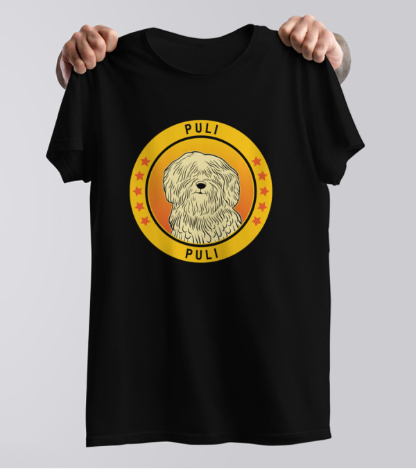 Puli Dog Circular Emblem With Stars And Yellow Orange Background T-Shirt