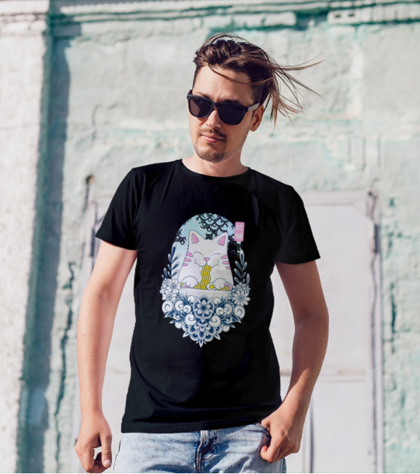 Ramen Cat Floral Border Japanese Style Eating Noodles T-Shirt