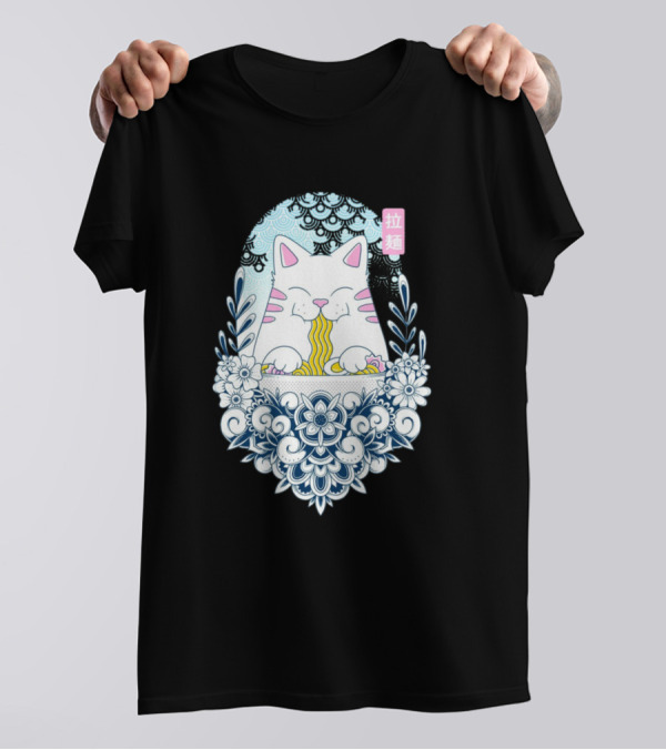 Ramen Cat Floral Border Japanese Style Eating Noodles T-Shirt