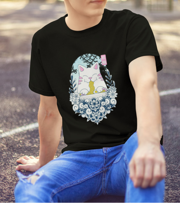 Ramen Cat Floral Border Japanese Style Eating Noodles T-Shirt