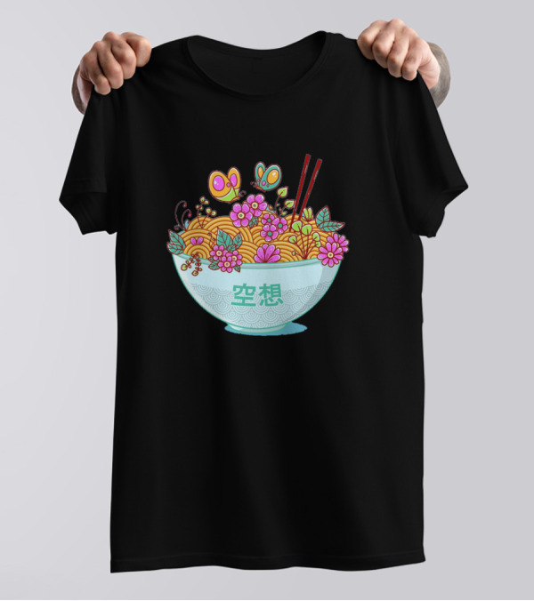 Fantasy Ramen Bowl With Flowers And Butterflies 空想 T-Shirt