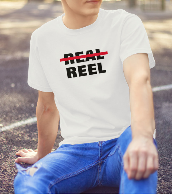Real Reel Fishing Bold Minimalist Style Text Red Line Contrast T-Shirt