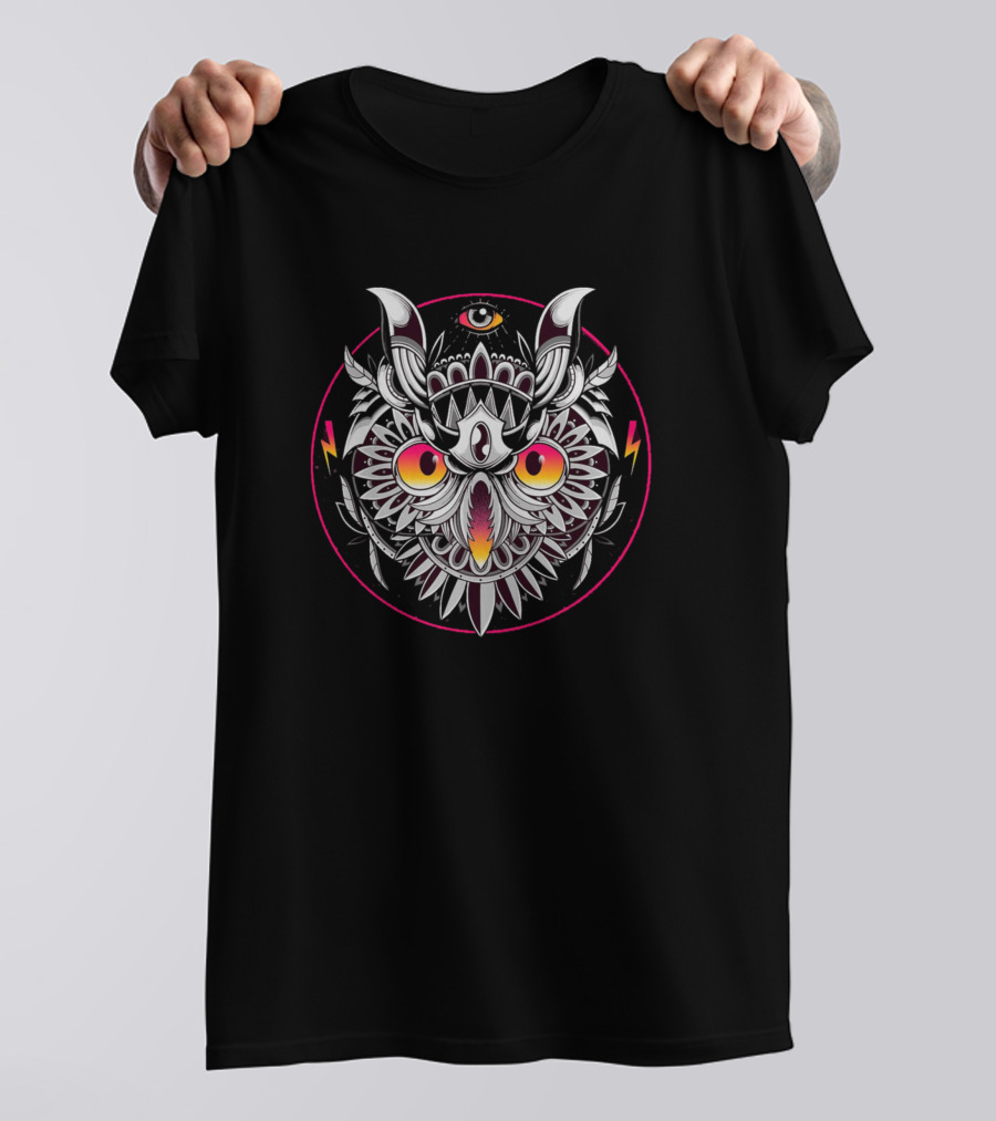 Retrowave Owl Psychedelic Vision With Lightning Circle T-Shirt