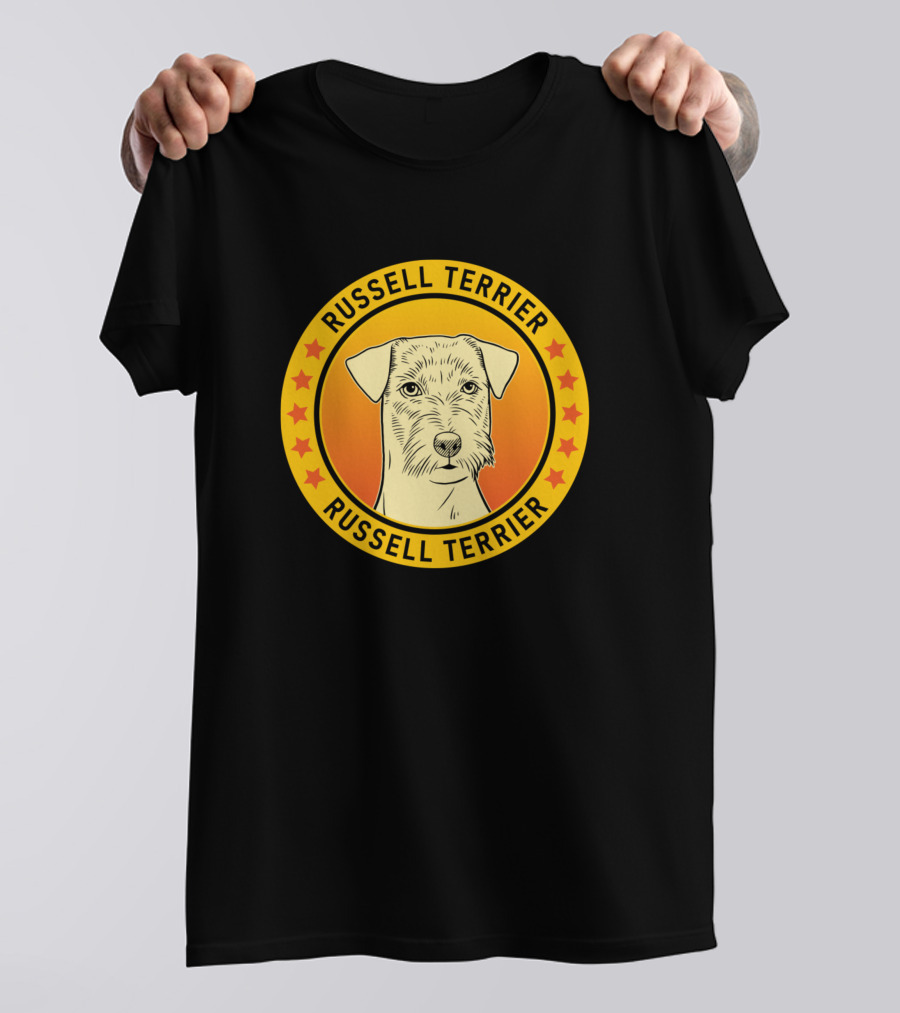 Russell Terrier Dog Round Emblem With Stars T-Shirt