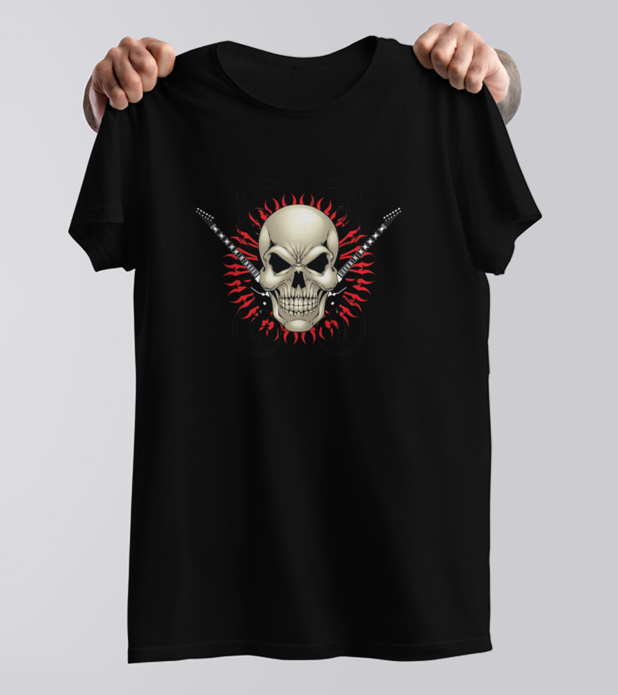 Skull With Electric Guitar Flames And Tribal T-Shirt