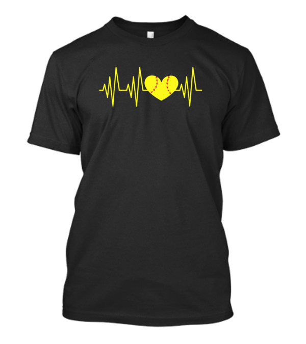 Softball Heartbeat Yellow Heart And Pulse Line T-Shirt
