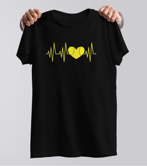 Softball Heartbeat Yellow Heart And Pulse Line T-Shirt