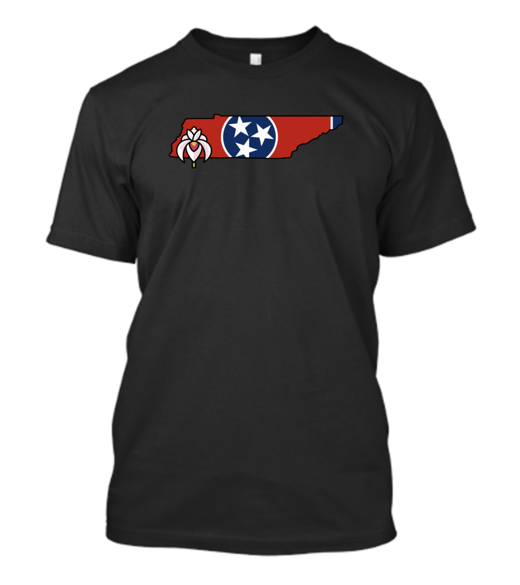 State Of Tennessee Map With Flag Emblem And Iris Flower T-Shirt