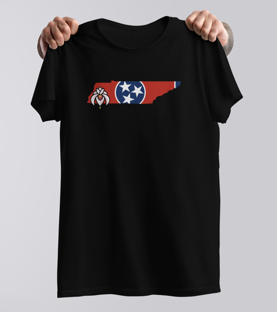 State Of Tennessee Map With Flag Emblem And Iris Flower T-Shirt
