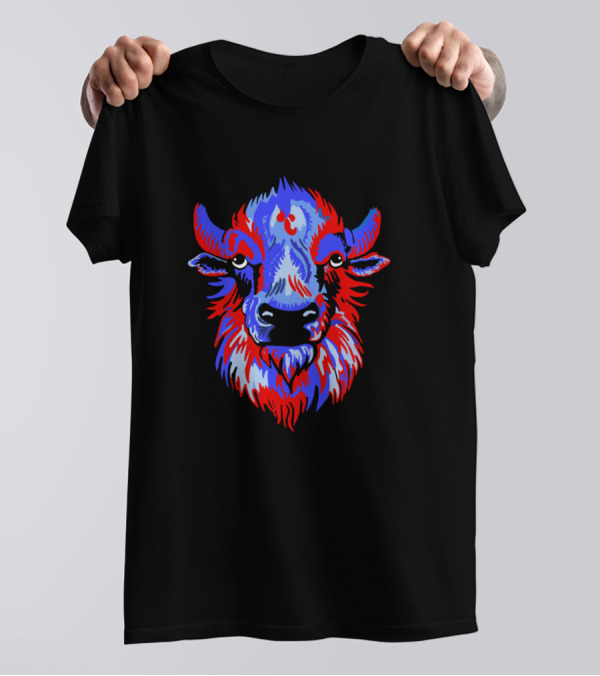 Buffalo Head In Vibrant Blue And Red Palette T-Shirt