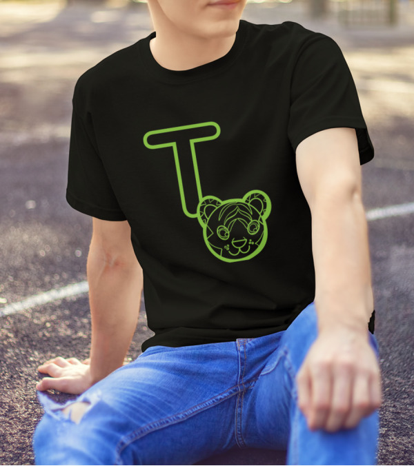 T Is For Tiger Neon Outline Design Tiger Face T-Shirt