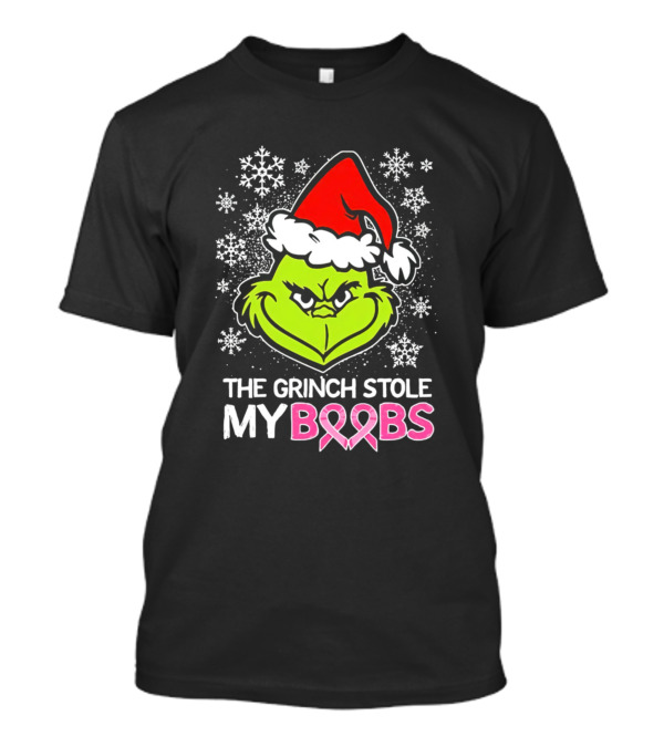 The Grinch Stole My Boobs Breast Cancer Awareness Snowflakes Santa Hat Pink T-Shirt