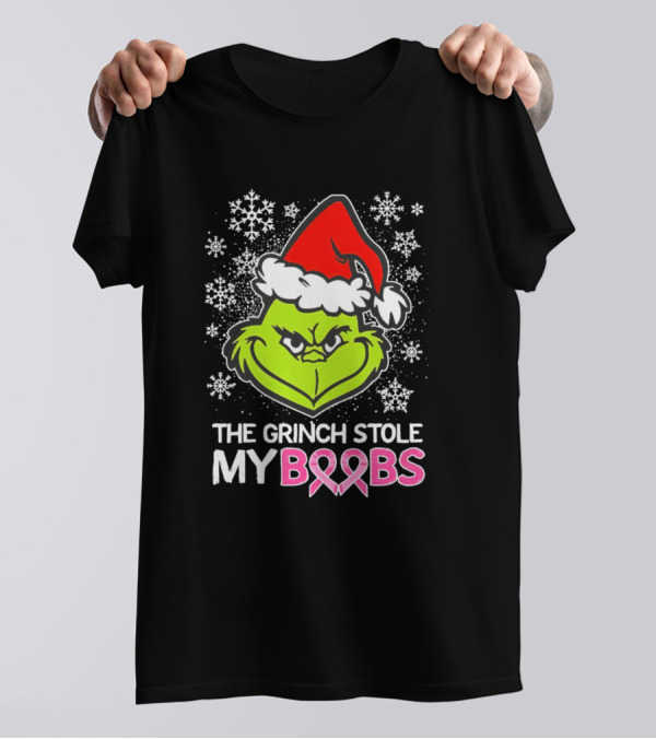 The Grinch Stole My Boobs Breast Cancer Awareness Snowflakes Santa Hat Pink T-Shirt