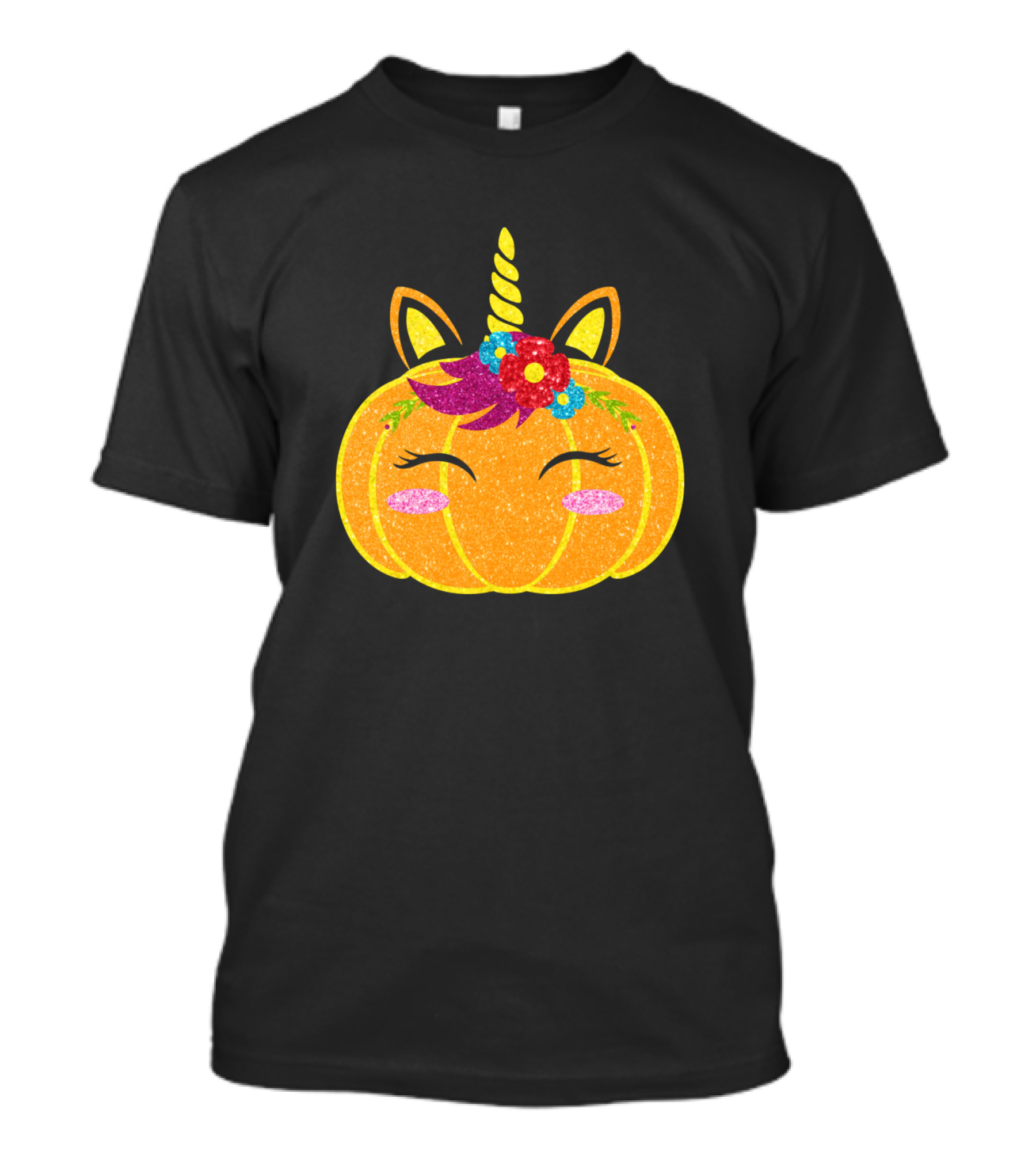 Unicorn Pumpkin Glittery Flower Crown Halloween T-Shirt