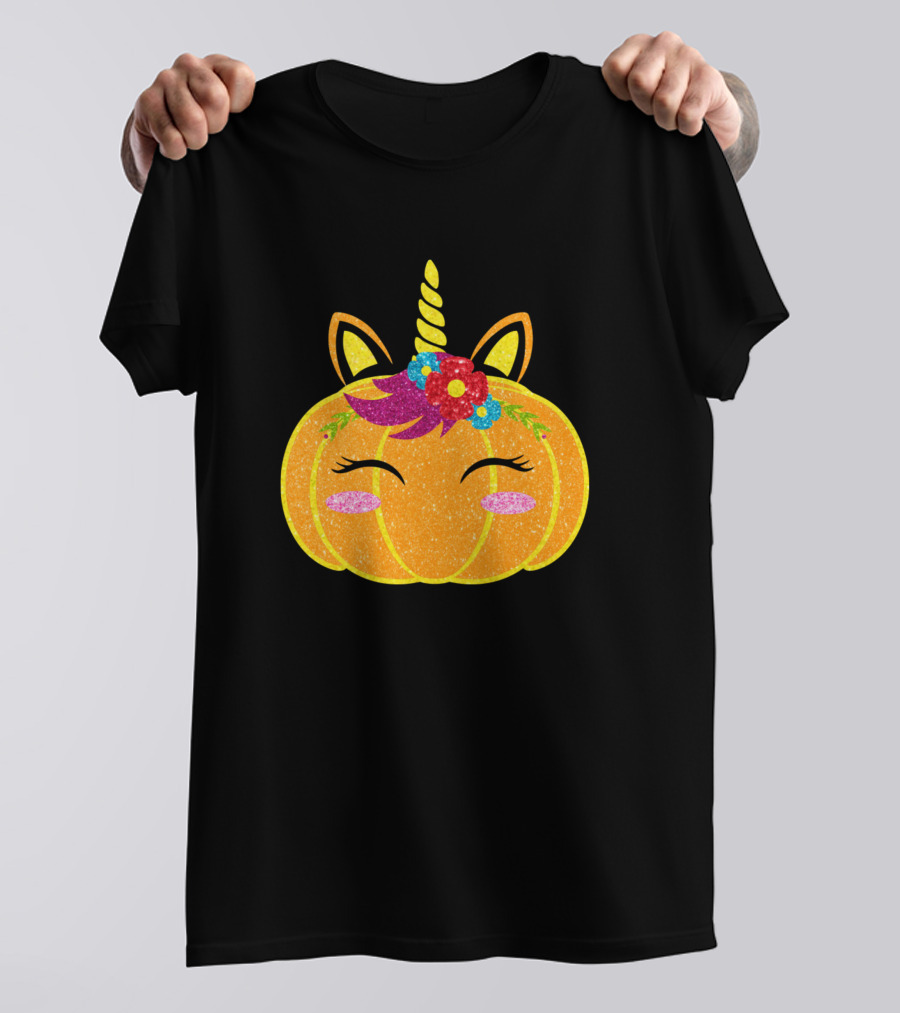 Unicorn Pumpkin Glittery Flower Crown Halloween T-Shirt