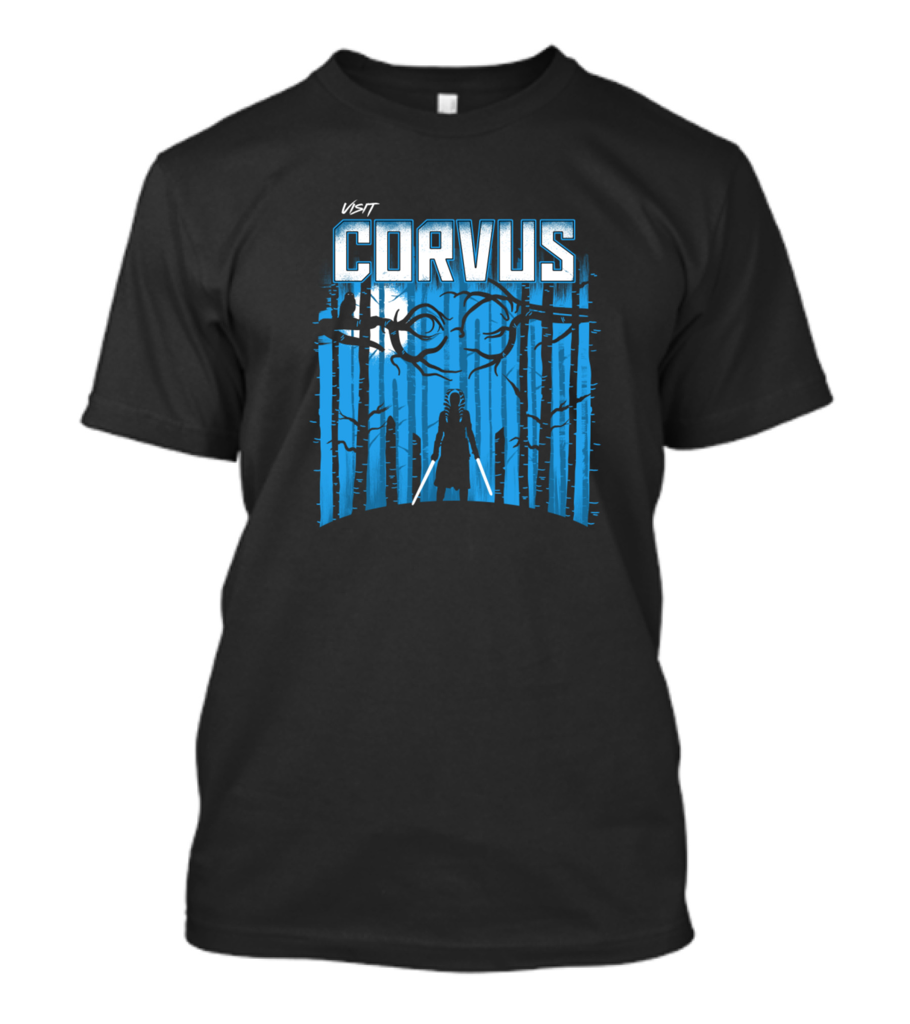 Visit Corvus Mysterious Forest Silhouette With Swords And Crescent Moon T-Shirt