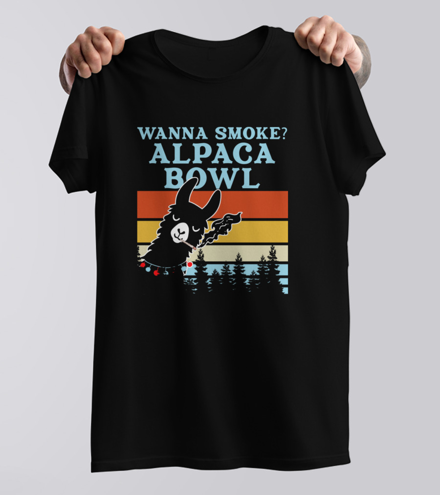 Wanna Smoke Alpaca Bowl Weed Funny Llama Retro Sunset Forest Vibes T-Shirt