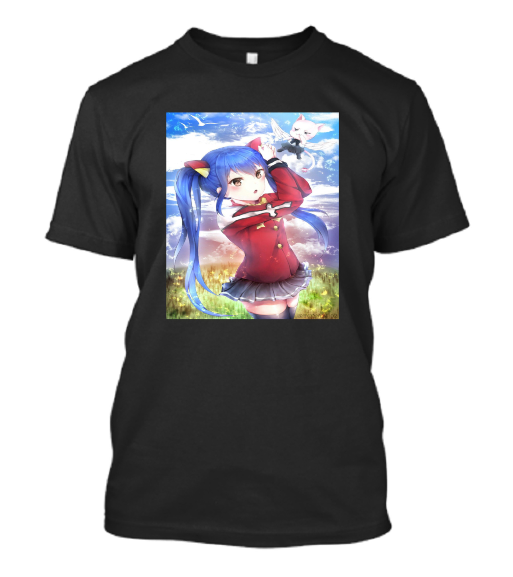 Wendy Marvell Fairy Tail Character With Happy In Red Outfit And Sky Background T-Shirt