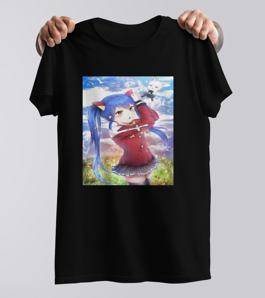 Wendy Marvell Fairy Tail Character With Happy In Red Outfit And Sky Background T-Shirt