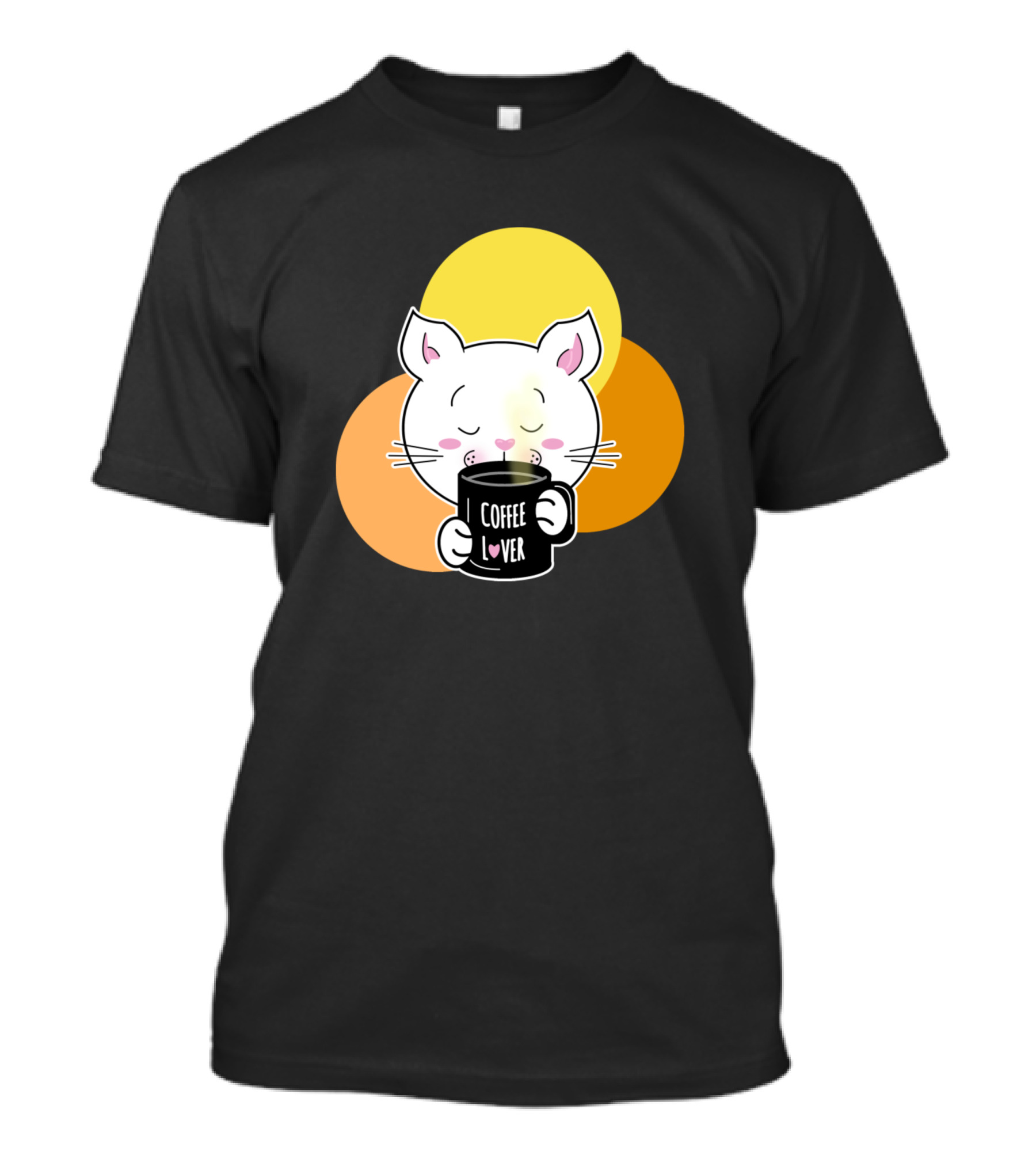 White Cat Coffee Lover With Yellow Orange Circles T-Shirt