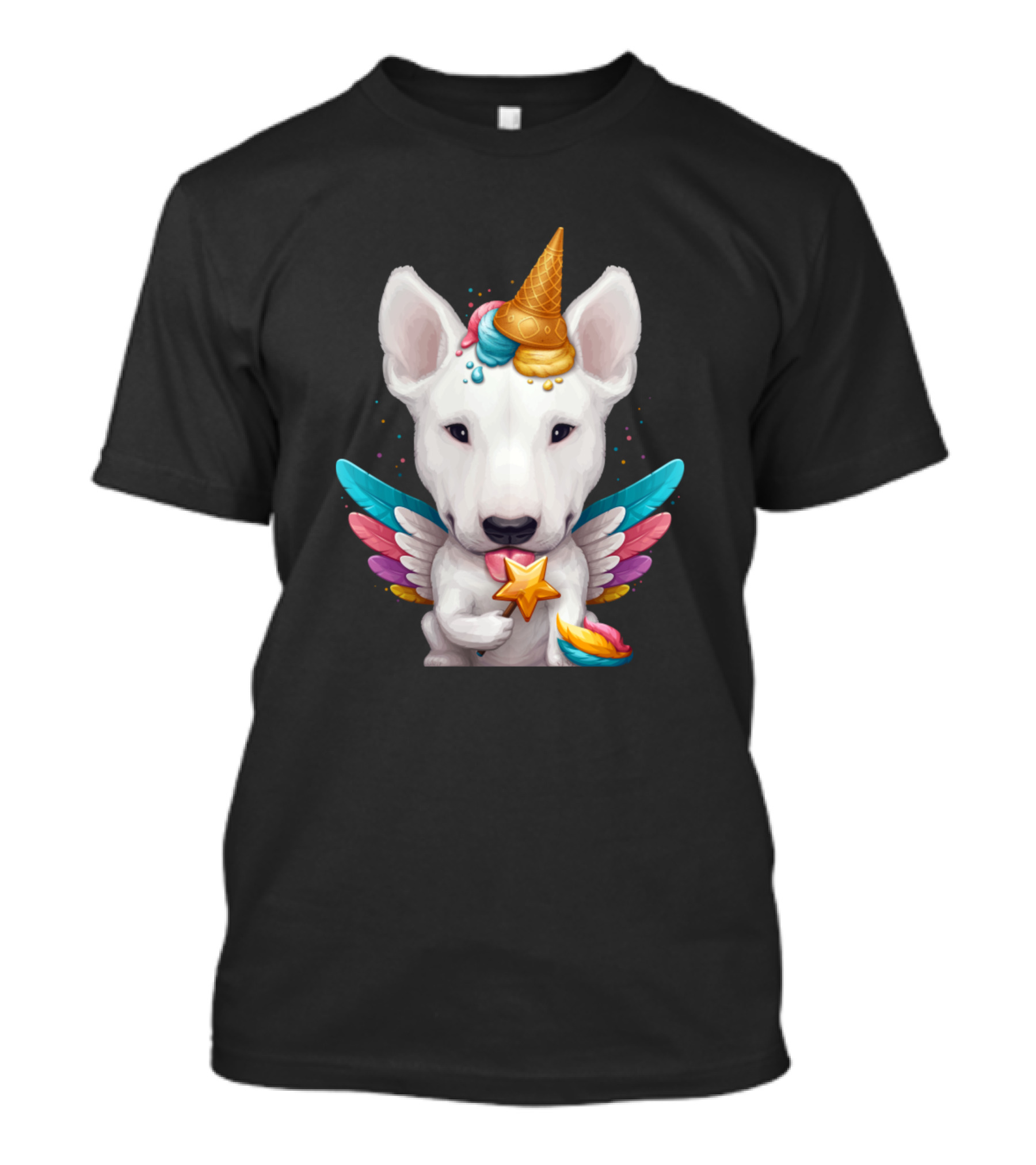 White English Bull Terrier With Ice Cream Cone Unicorn Horn And Colorful Wings T-Shirt