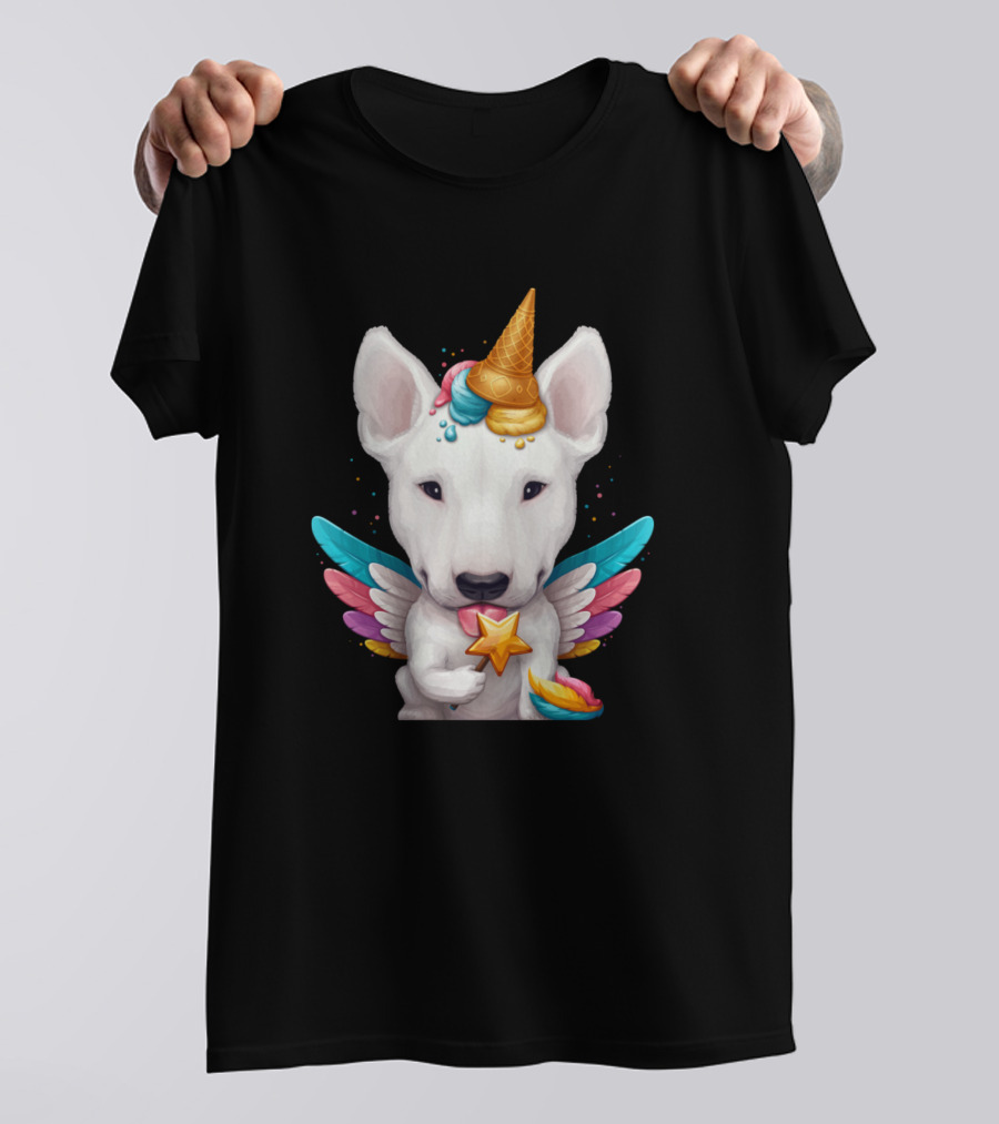 White English Bull Terrier With Ice Cream Cone Unicorn Horn And Colorful Wings T-Shirt