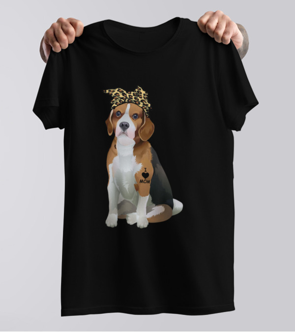 I Love Mom Beagle Tattoo Leopard Bow T-Shirt