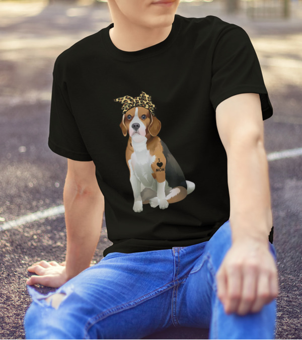 I Love Mom Beagle Tattoo Leopard Bow T-Shirt
