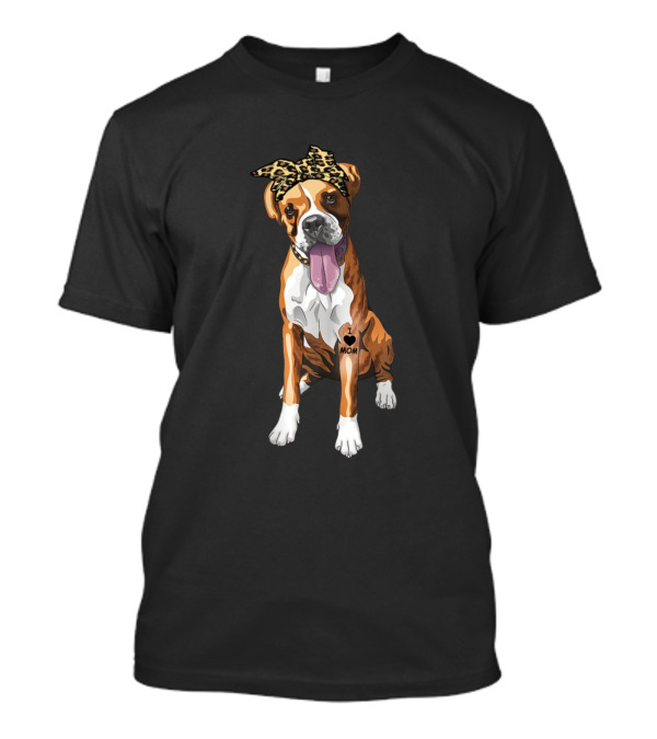 I Love Mom Boxer Dog With Leopard Print Bandana And Heart Tattoo T-Shirt