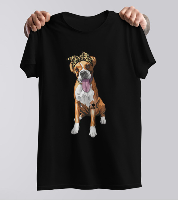 I Love Mom Boxer Dog With Leopard Print Bandana And Heart Tattoo T-Shirt