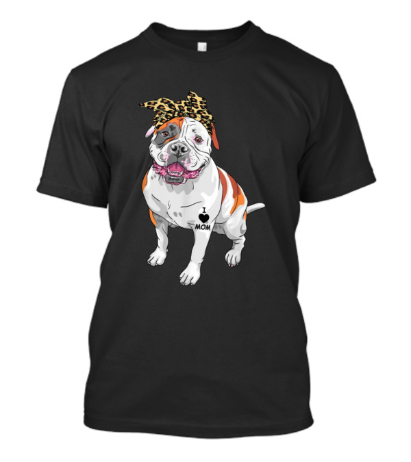Bulldog With Leopard Print Bandana And I Love Mom Tattoo T-Shirt