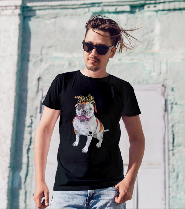Bulldog With Leopard Print Bandana And I Love Mom Tattoo T-Shirt