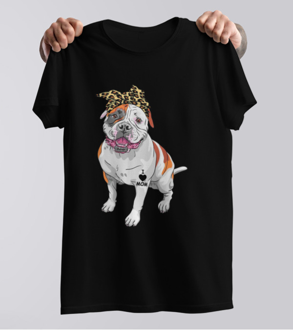 Bulldog With Leopard Print Bandana And I Love Mom Tattoo T-Shirt