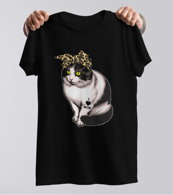 I Love Mom Cat Leopard Bandana Tattoo T-Shirt