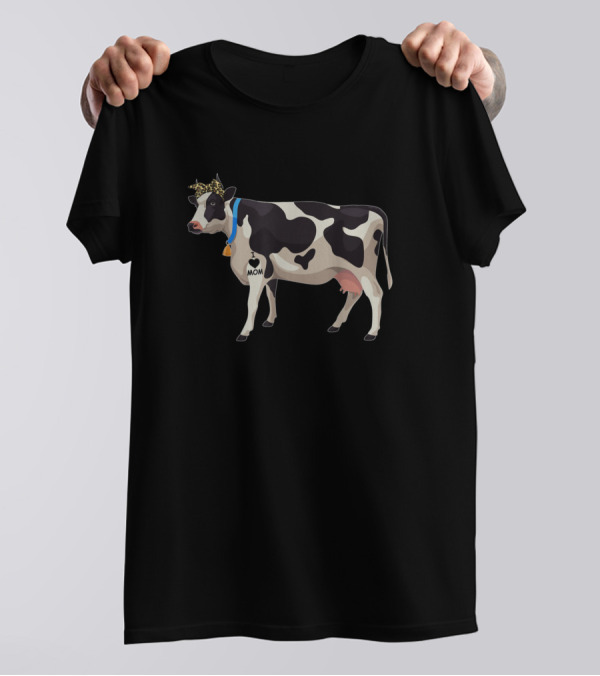 I Love Mom Cow Tattoo Black And White Cow With Flower Crown T-Shirt