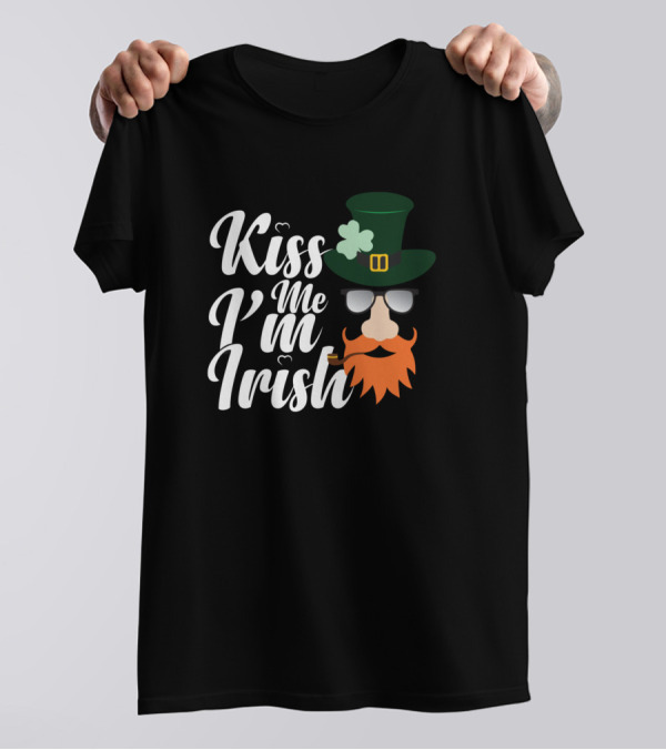 Kiss Me I'm Irish Shamrock Leprechaun Hat Beard Sunglasses T-Shirt