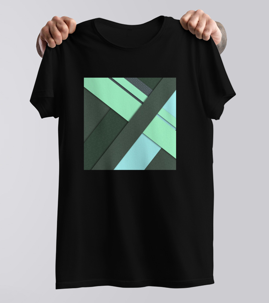 Material Geometric Overlapping Stripes In Green And Cyan Squares T-Shirt