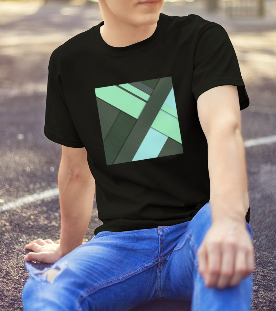 Material Geometric Overlapping Stripes In Green And Cyan Squares T-Shirt