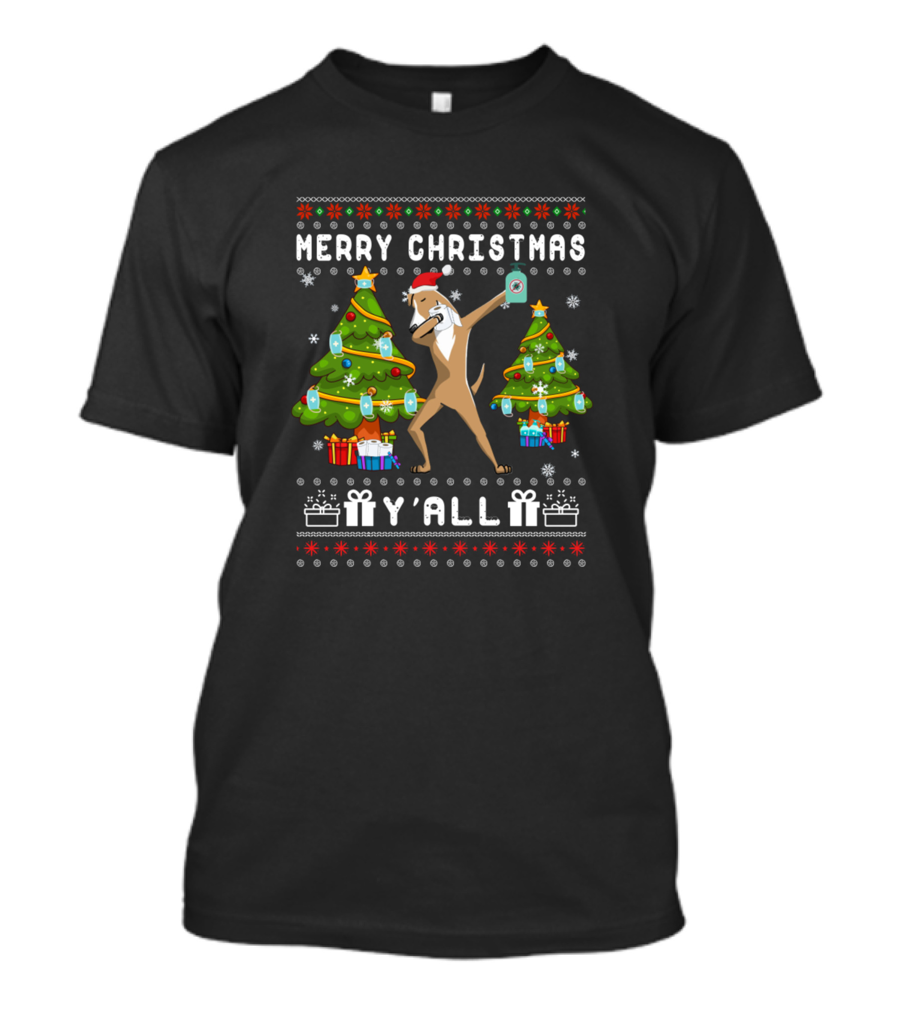 Merry Christmas Yall Greyhound Dabbing With Christmas Trees And Gifts T-Shirt