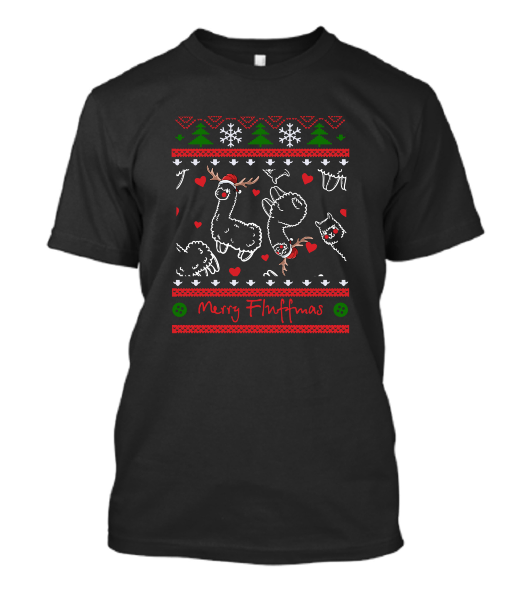 Merry Fluffmas Funny Christmas Llama Reindeer Snowflakes Hearts Ugly T-Shirt