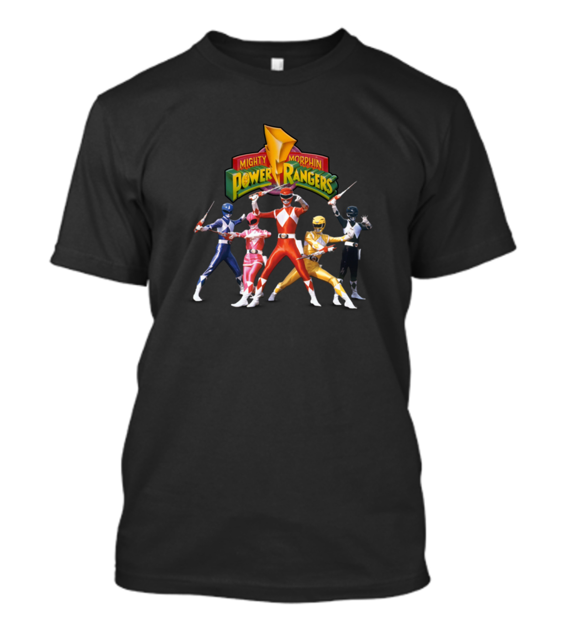 Mighty Morphin Power Rangers Classic Team Logo With Red, Pink, Blue, Yellow, And Black Rangers T-Shirt