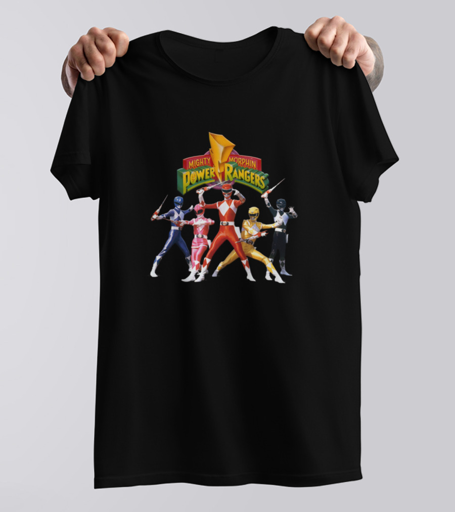 Mighty Morphin Power Rangers Classic Team Logo With Red, Pink, Blue, Yellow, And Black Rangers T-Shirt