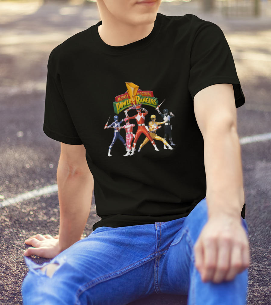 Mighty Morphin Power Rangers Classic Team Logo With Red, Pink, Blue, Yellow, And Black Rangers T-Shirt