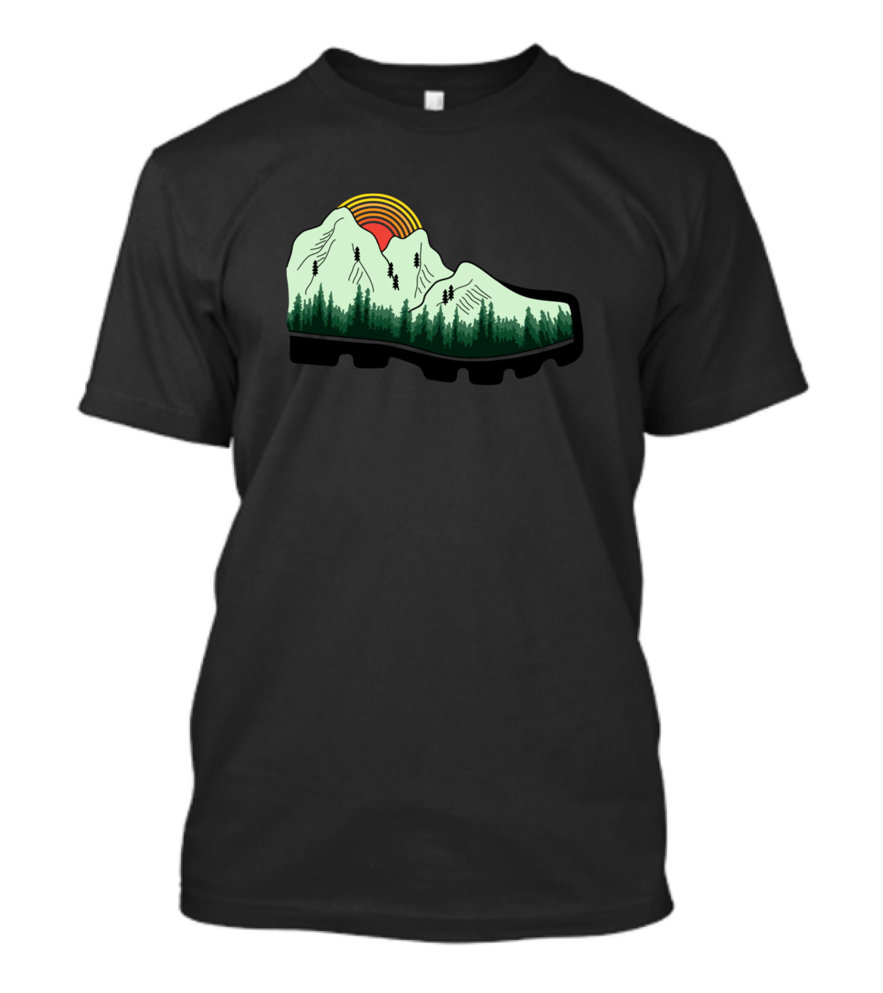 Mountain Boot Landscape With Forest And Sunset Scene T-Shirt