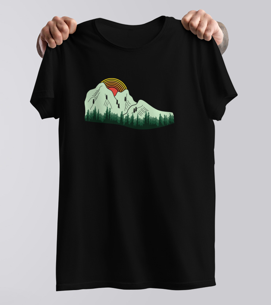 Mountain Boot Landscape With Forest And Sunset Scene T-Shirt