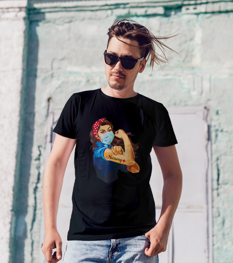 Nursing Men And Women We Can Do It Fight Together Rosie The Riveter Style Nurse With Mask T-Shirt