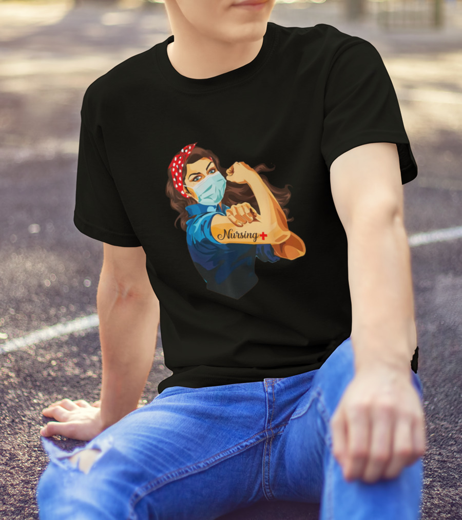 Nursing Men And Women We Can Do It Fight Together Rosie The Riveter Style Nurse With Mask T-Shirt