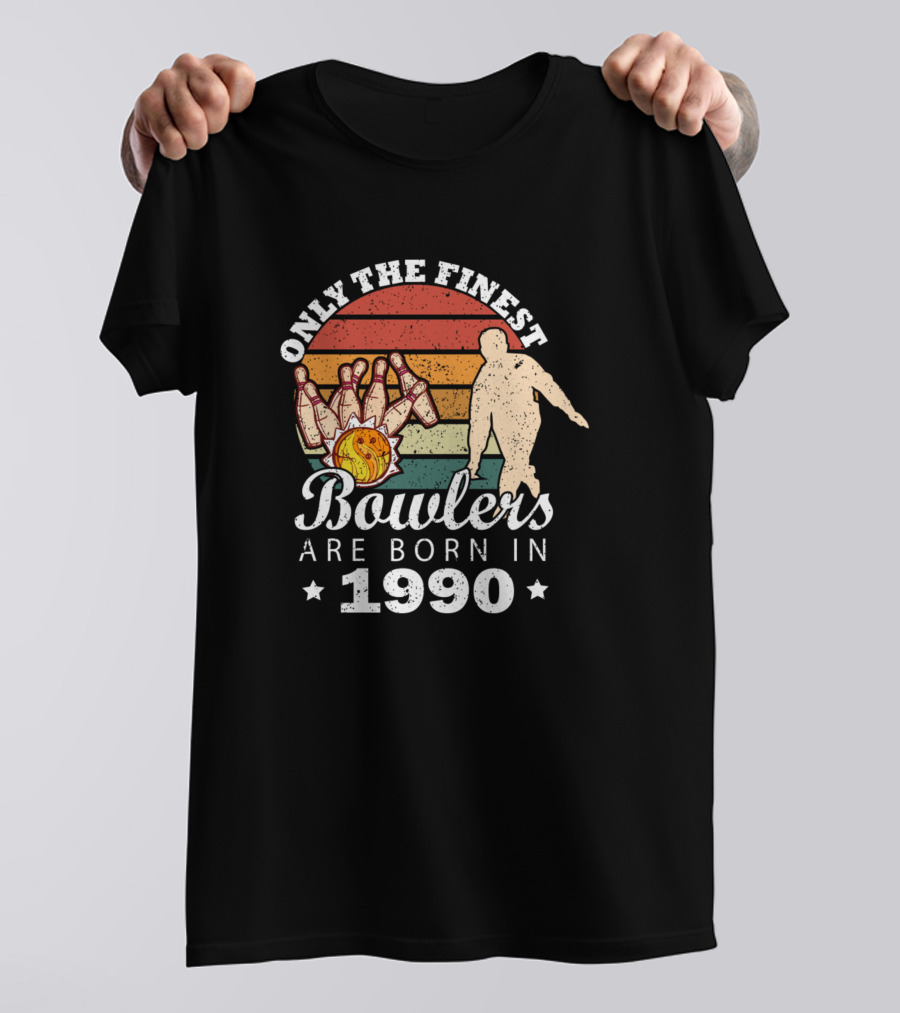 Only The Finest Bowlers Are Born In 1990 Retro Sunset Bowling Pins T-Shirt