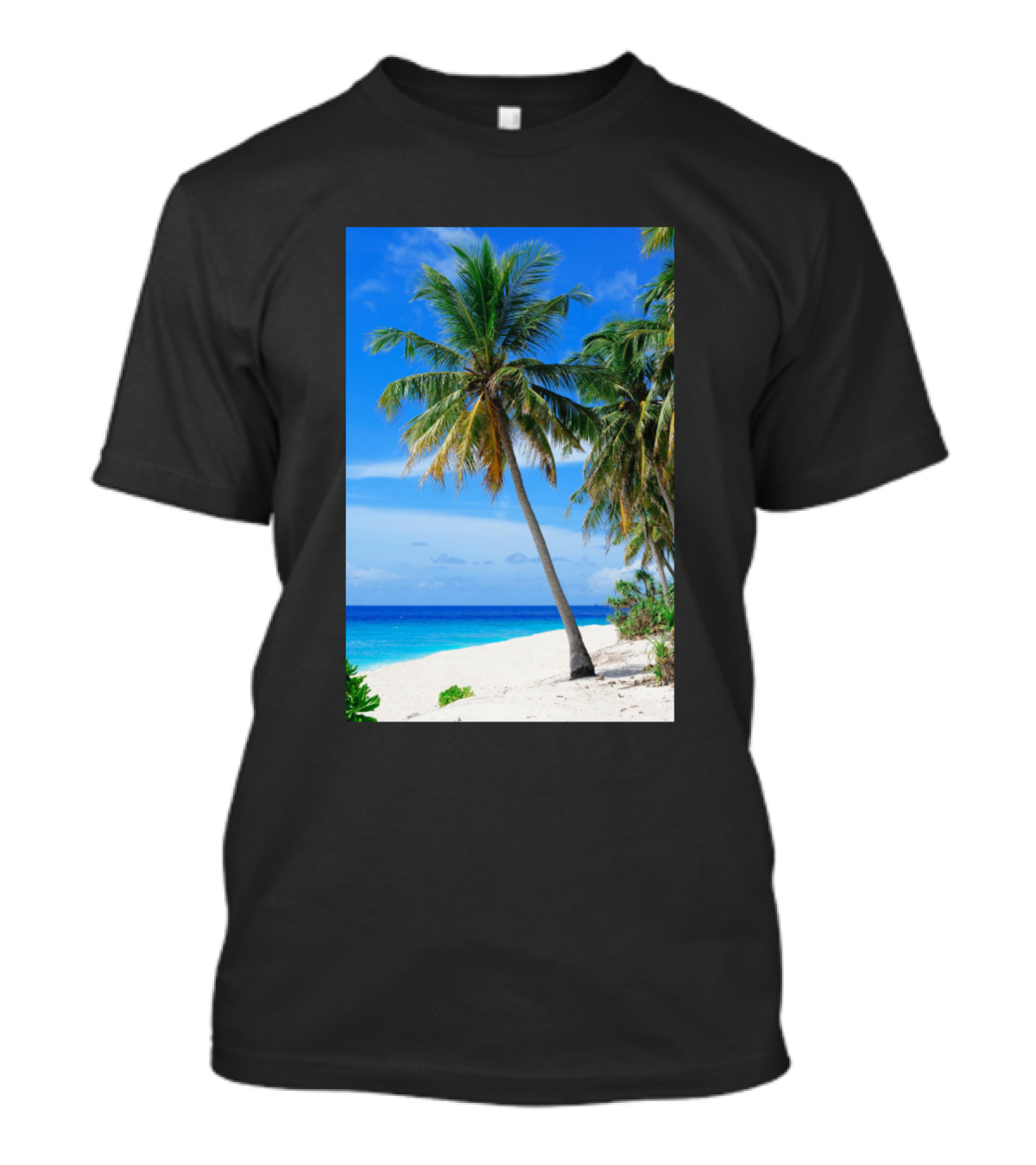 Palm Tree By Tropical Beach Ocean Shore Blue Sky T-Shirt